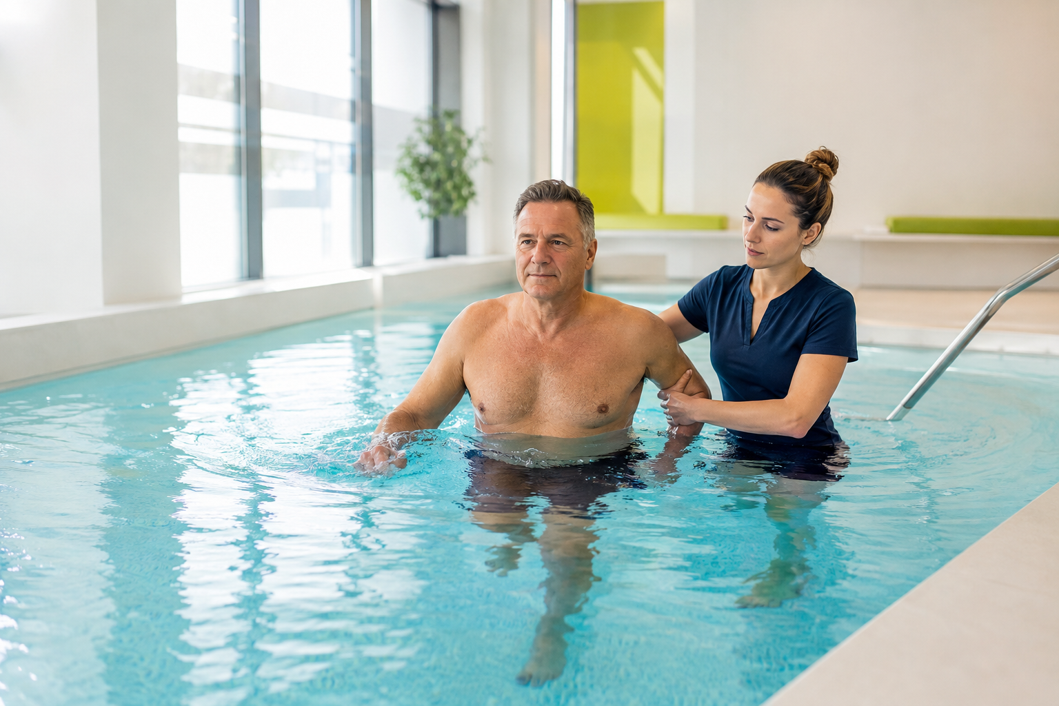 Pacient care efectuează exerciții de hidrokinetoterapie în bazinul Fortius Medical